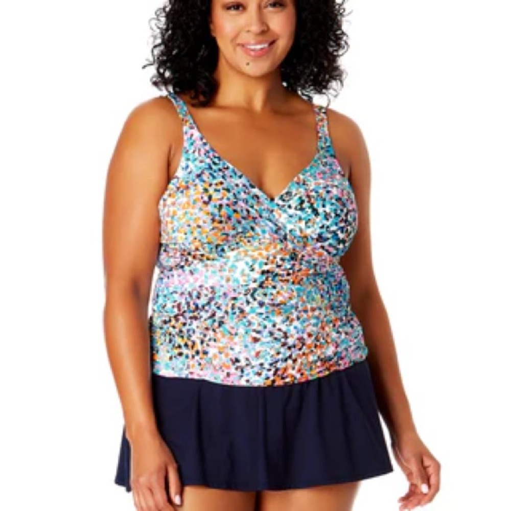 Anne Cole Plus Size Sunset Dot Hidden Underwire Drape Front Tankini Swim Top